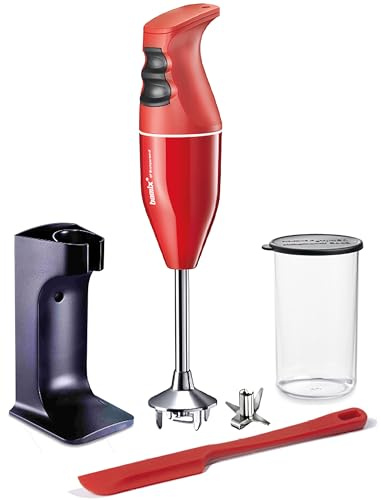 bamix Set mixeur plongeant EO180 CLASSIC PLUS avec support, récipient, couteau multifonction, spatule, 180 W, Fabriqué en Suisse, Rouge/blanc