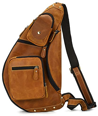BHBYAFASH Crossbody Brusttasche, Herrenschling Rucksack Anti Diebstahl Brusttasche Vintage Echtes Leder Crossbody Umhängetasche Outdoor Wandern Mehrzweck-Tagspake(Yellow Brown)