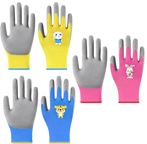 Riceel 3 Paar Gartenhandschuhe für Kinder 3-5 Jahre, Arbeitshandschuhe Kinder Cartoon Garten Verschleißfeste Rutschfeste Schutzhandschuhe Tägliche Hausarbeit MalenOutdoor-Aktivitäten Spiele am Meer