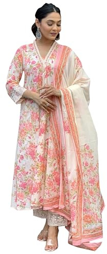 TRAFAART Set Kurta E Pantaloni In Cotone Indiano Da Donna Con Ricami In Paillettes Tunica Kurti E Pantaloni Con Dupatta (Bianco-Grande)