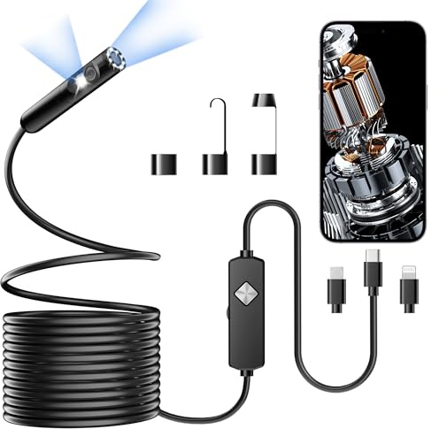PAPIBLU Endoscope with Light, 1920P HD Borescope with 8 Adjustable LED Lights, Semi-Rigid Snake Camera, IP67 Waterproof Inspection Tool for iPhone & Android - 16.4FT-Dual Lens (Black)