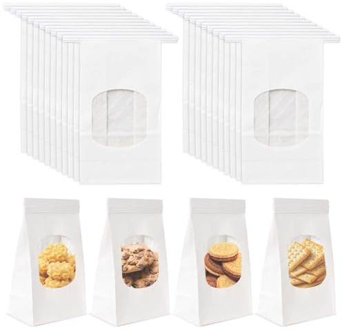 20 Piezas Bolsas de Papel Kraft con Ventana, Bolsas para Hornear, Reutilizables, Aptas para Galletas, Pasteles, Sándwiches y Aperitivos (Blanco)
