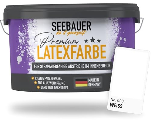 SEEBAUER diy Latexfarbe Weiß für Innen 5L (No. 000 Weiß) - Seidenmatte Innenfarbe für Putz, Beton & Mauerwerk - Abwaschbare Wandfarbe für Küche & Bad