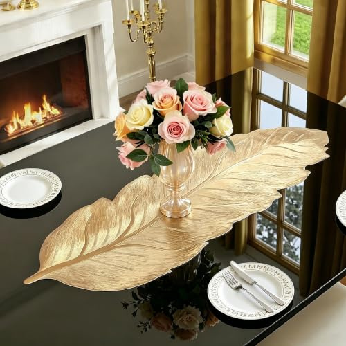 FAVE Chemin de Table Étroit 90 cm, en Vinyle Résistant à la Chaleur - Doré à Motifs Feuilles pour Décor de Mariage, Dîner
