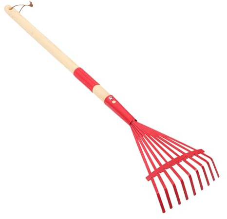 Milisten Rastrillo De Mano Desmontable para Jardín Infantil, Mango De Madera Ergonómico, Color Rojo Vibrante, Herramienta Multifuncional para Césped y Arbustos, Ligera y Fácil De Usar En Exteriores