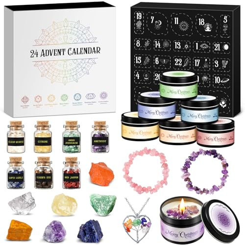 Calendario Adviento Mujer 2025 Chakra Velas Aromáticas Con Minerales, Advent Calendar Piedras Naturales para Yoga Meditacion Reiki, Calendario-de-adviento Regalos para Friends Mujeres Novias Mamás