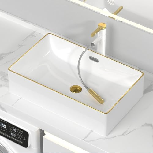 Lavello da bagno in ceramica con rubinetto, design dorato, lavabo rettangolare da appoggio, installazione dall'alto, per balcone e casa (bianco B, 43 x 30 x 15,5 cm)