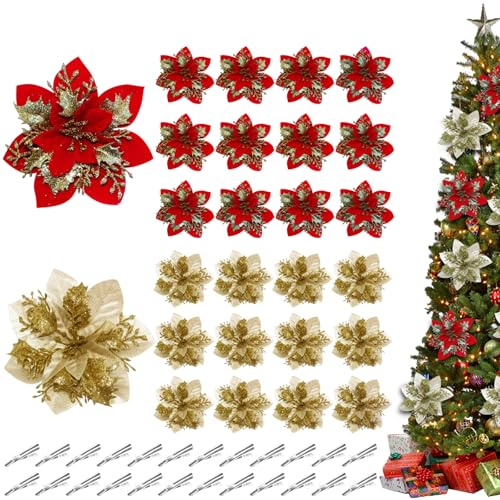 24 Stück Weihnachten Glitzer Weihnachtsstern Künstliche Blumen mit Clips, Gold Rot Weihnachtsstern Deko Blumen, Künstliche Weihnachtsblumen, Weihnachtsbaumschmuck, Dekorationen für Weihnachten Neujahr
