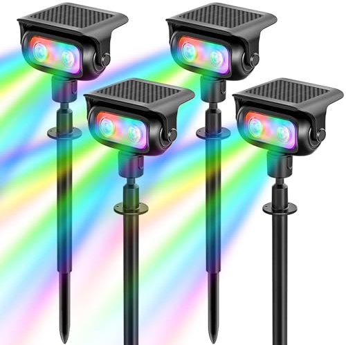 MEEKBOS RGB LED Solar-Gartenstrahler, 4 Stück, 5 Farbwechselmodi | Solarlampe mit Erdspieß und Dämmerungssensor, IP65 wasserdicht, für Garten, Rasen, Wege und Außenbereiche