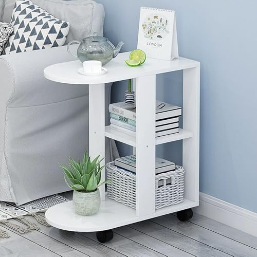 Rainbow Tree C Shaped Side Table with Wheels for Living Room, Mobile Sofa Side End Tables, Portable Snack Coffee Table Bedside Tables for Bedroom (White Round Rectangle)