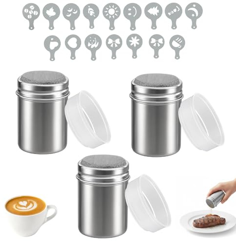 3 Pcs Icing Sugar Shaker, Chocolate Shaker for Cappuccino, Cappuccino Chocolate Powder, Chocolate Powder Shaker, for Cappuccino Decoration, Multi-Purpose Flour and Spice Dispenser for Baking