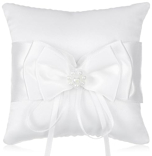 Sibba Wedding Ring Bearer Pillow Pearls Ring Cushion 3.9 Inch Satin Wedding Rings Pillow with Bowknot Ceremony Rings Holder with Pearl Bow Ribbon for Beach Weddings Ceremony Proposal Party Decoration