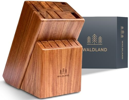 WALDLAND Premium Messerblock ohne Messer – Messerblock aus robustem Akazienholz I 15 Schlitze für Messer, Wetzstahl, Schere I Messerhalter I Holzblock (Akazienholz Braun)