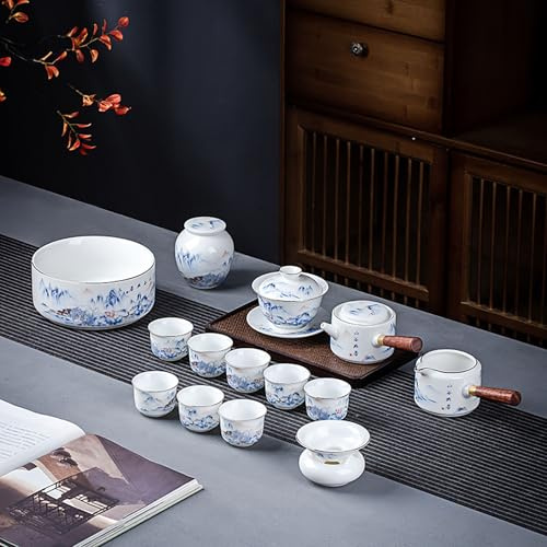 Juego de té de porcelana china con diseño de paisaje de montaña azul, servicio completo de té Gongfu con tetera, Gaiwan, tazas y mango de madera
