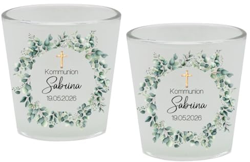 ZauberDeko Windlicht Votiv Banderole Eukalyptus Kreuz Kommunion Konfirmation Tischdeko PERSONALISIERT 7,5cm H, Menge:2 Stück