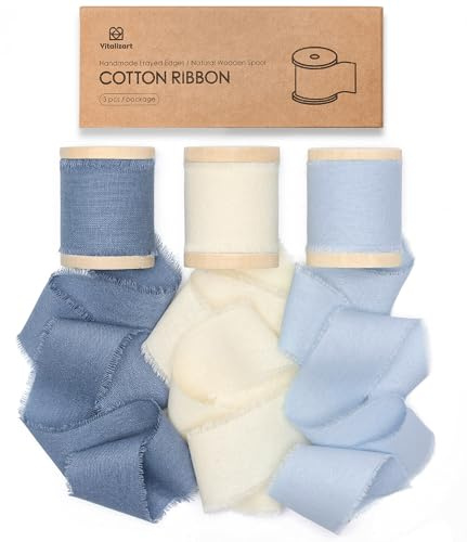 Vitalizart Blau & Weiß Baumwollband 3,8 cm x 13,7 m Rustikales Stoffband | Ausgefranste Fransen Geschenkband 3 Rollen x 4,57 m für Blumensträuße, Geschenkverpackungen, Hochzeiten, Basteln & Babypartys