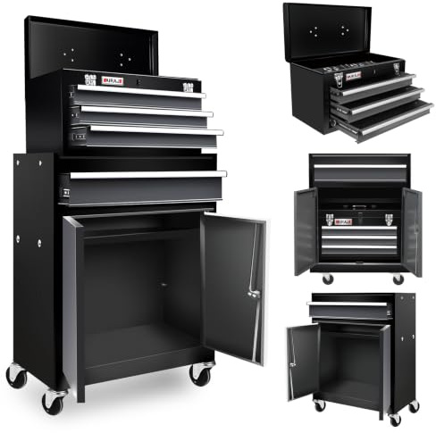 AIRAJ 2-in-1 Rolling Tool Chest with Wheels, 4-Drawer Detachable Metal Tool Cabinet & Top Box, Heavy-Duty Tool Chest with 4 Casters (2 Brakes) for Garage, Workshop, Warehouse, Repair Room Storage.
