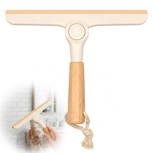 10 inch Shower Squeegee 180° Rotating for Window, Mirror, Glass, Door | Silicone Squeegee Angle Rotating Blade Reaches Narrow Corners, Keeping Shower Glass Sparkling, Bamboo Handle, Hanging Loop
