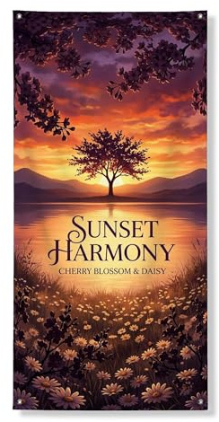 Sonnenuntergangs-Harmonie-Türabdeckung, Banner, dekorativ, Kirschblüten, Chrysanthemen, Blumen-Design für Frühling und Sommer, Außen- und Innendekoration, 91,4 x 183,9 cm
