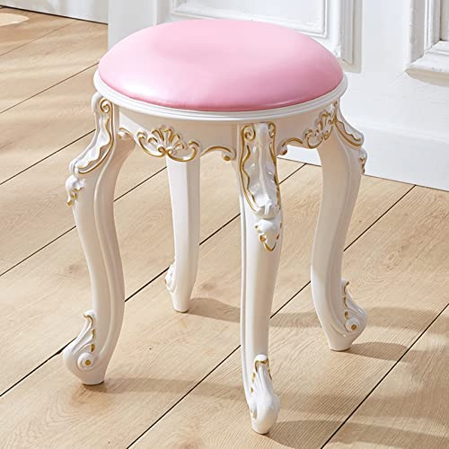 Guldmålad rosa läder sminkpall, vadderad sminkstol, snygg omklädningsbänk för sovrum och badrum, hållbar ABS-plast med stålben, 43 cm höjd