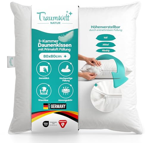 Traumwelt Natur Made in Germany, cuscino in piumino a 3 camere da 80 x 80 cm, regolabile in altezza con chiusura lampo, esterno 90% piumino, interno Primaloft, adatto per persone allergiche, Oeko-Tex