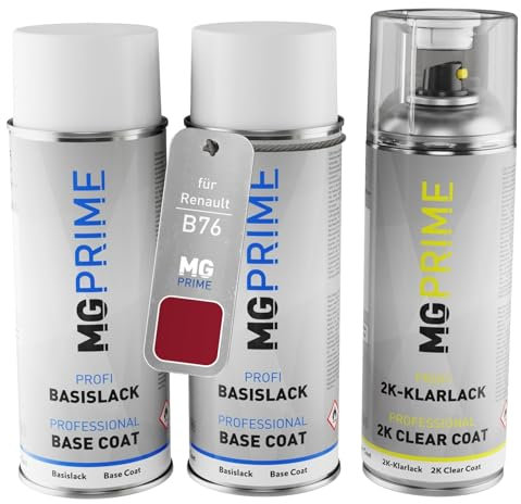 MG PRIME Autolack 2K Spraydosen Set für Renault B76 Rouge De Feu Nacre Metallic/Feuerrot Metallic Grundlack Basislack 2 Komponenten Klarlack Sprühdose