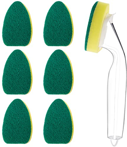 1 Éponge de Baguette et 6 Têtes de Rechange de Recharge Éponge de Baguette Robuste pour Brosse de Nettoyage pour Évier de Cuisine