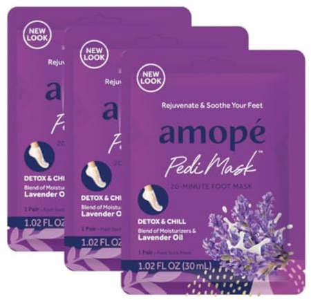Amopé PediMask 20-Minute Foot Mask, Intensely Moisturizing Socks, Rejuvenates & Soothes, Self-Care, w/ Lavender Oil, Urea, a Blend of Moisturizers & Vitamin Complex for Long Lasting Hydration, 3 pair
