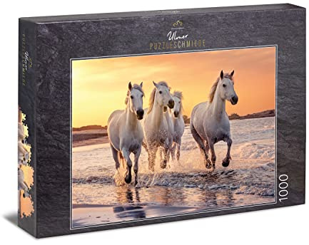 Ulmer Puzzleschmiede - Pferde-Puzzle Camargue-Pferde - klassisches 1000 Teile Tierpuzzle - das weiße Pferd in freier Wildbahn in der Camargue, Provence, Südfrankreich