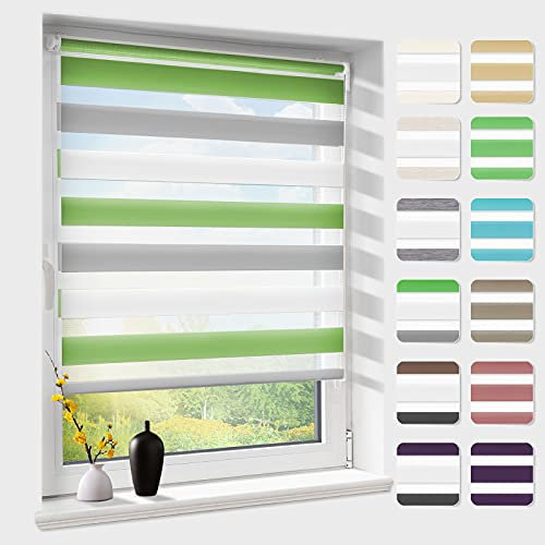 Doppelrollo klemmfix ohne Bohren, Duo Rollos für Fenster & Tür mit Bohren, Weiß Grau Grün B35 x H120cm, Fensterrollo lichtdurchlässig & verdunkelnd, Klemmrollo Sonnenschutz