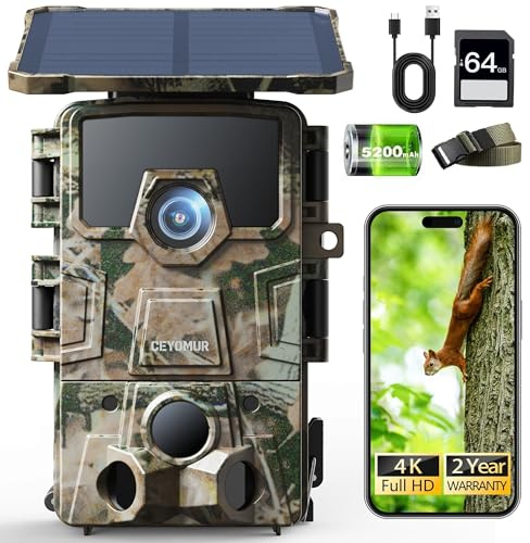 CEYOMUR Solaire Camera de Chasse, 4K 64MP 30fps WiFi 6 Caméra de Chasse avec Carte SD 64GB, 0,1s Activée par Mouvement IP66 Étanche Vision Nocturne, 5200mAh Batterie Rechargeable