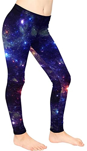 BYCHECAR Sportleggings för flickor med hög midja yogabyxor långa tights träningskläder, Galaxy Space, 10-11 År