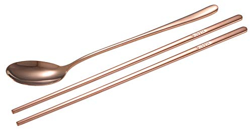 Juego De Palillos Planos Sólidos Cuchara Palillos Cubiertos De Estilo Coreano Cuchara De Acero Inoxidable 304(Rosa)
