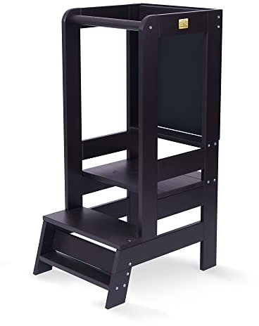 MEOWBABY Lernturm – Höhenverstellbarer Montessori Learning Tower für Kinder – Lernturm ab 1 Jahr – Sicherer Kinder Tritthocker – Holz Küchenhelfer für Küche & Alltag, Schwarz