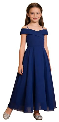 dPois Mädchen Off Shoulder Kleider Festlich Hochzeit Blumenmädchen Kleid Abendkleid A-Linie Maxi Lang Chiffon Ballkleid Kinder Hochzeit Geburtstag Party Outfit Royal Blau 158-164/13-14 Jahre
