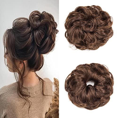 Cybelleza Postiche Chignon Extensions Cheveux Naturel Scrunchies Chignons Effet Decoiffe Méchés Bouclé 40g VOLUMINEUX Postiche Queue de Cheval Chouchou Updos Ondulés (Marron Foncé & Auburn Clair)