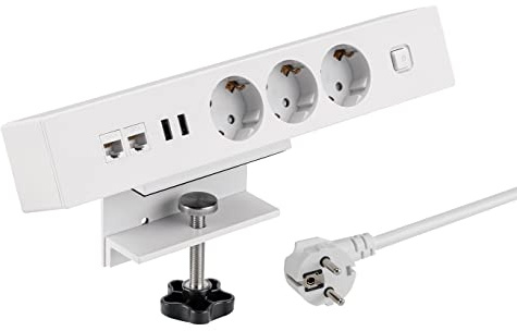 maxtrack Bordsuttag NV62L 3-vägs skyddskontakt med 2X USB och 2X LAN-anslutning, flera uttag för hemmet med bordsfäste, knapp för att slå på och av, grenuttag med 1,8 m kabel