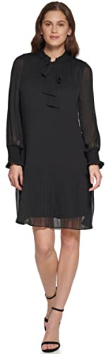 DKNY Long Sleeve Tie Neck Pleated Shift Dress Robe, Noir, 42 Femme