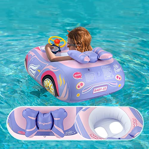 Car Baby Pool Float, Thick PVC Baby Swim Floats, Toddler Pool Floats, Inflatable Baby Swimming Float Seat Boat with Steering Wheel for Kids 12-18 Months, 12-24 Months 2-3, 3+ Years Old (Pink)