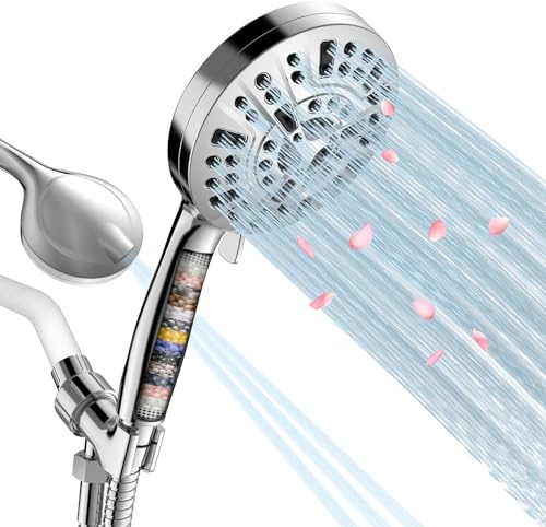 JNILE Soffione doccia filtrato, 15 fasi, filtro per acqua dura, soffione doccia ad alta pressione 10 modalità con tubo flessibile da 152,4 cm e staffa, rimuove cloro e sostanze nocive