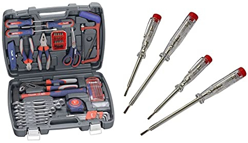 kwb Werkzeug-Koffer inkl. Werkzeug-Set, 65-teilig & H+H Werkzeug 45200 45500 VDE Standardprüfer 45200/45500 Spannungsprüfer/Phasenprüfer-Set bis 250V-4-tlg. transparent/rot, 2x 140 mm / 2x 190 mm