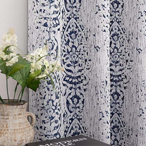 Cortinas con patrón azul marino de 84 pulgadas de largo para sala de estar, juego de 2 paneles con ojales, estampado de medallón de damasco, texturizado, gris, crema, blanco, jacquard, 50% opacas,