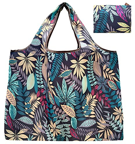 HYMUUNI Large Foldable Shopping Tote Bag Water Resistant Shopping Tote Bag Reusable Eco Waterproof Tote Shopping Bag for Daily Use in Pocket (Leaves)