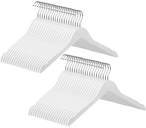 SONGMICS Kleiderbügel, 40er Set, Kleiderbügel Holz, aus Massivholz, Holzbügel mit Einkerbungen, Jackenbügel, um 360° drehbarer Haken, rutschfest, 44 cm lang, weiß CRW003WT40