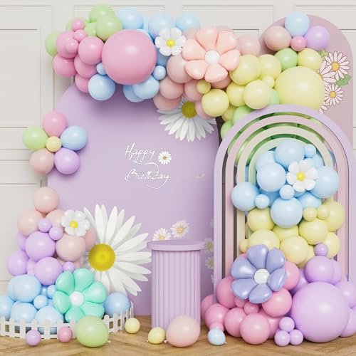Daisy Balloon Arch Kit, 118pcs Pastel Balloons Garland Kit Pastel Pink Blue Purple Yellow Orange Latex Balloons with Daisy Flower Foil Balloon for Girls Birthday Baby Showers Garden Party Decorations