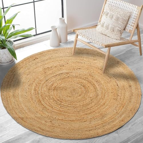 RIANGI Hand Woven Jute Area Rug - 5' Round - Rustic Beige Reversible Farmhouse Rugs for Bedroom, Kitchen, Living Room - Vintage Natural Braided Entry Floor Décor Circle Boho Round Jute Rug 5 Foot