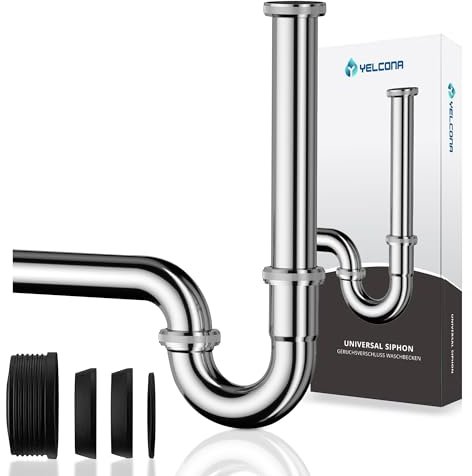 Yelcona Universal Siphon für Waschbecken & Waschtisch - Abflussgarnitur passgenau - Geruchsverschluss inkl. Gummimanschette + Röhrensiphon Ablaufgarnitur (Extra Lang 200mm)