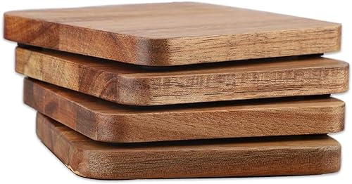 Untersetzer Gläser Holz- 4er Glas Untersetzer Set - Glasuntersetzer Akazienholz Geeignet für Getränke, Bier, Glas, Tassen - Tischuntersetzer Couchtisch Quadratische Untersetzer