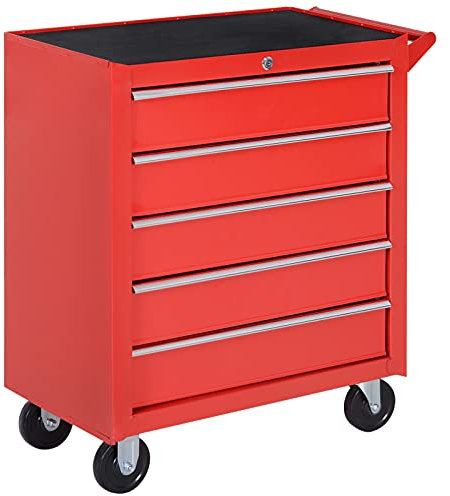 DURHAND Servante d'atelier en Acier, Chariot à Outils sur roulettes, 5 tiroirs, résistante aux Rayures, Caisse à Outils pour Atelier, verrouillable 2 clés, Rouge