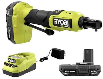 Ryobi One+ HP 18V 1/4 Brushless Cordless Compact Electric Ratchet Kit with 2.0Ah Lithium Battery and Charger, 4-Position Rotating Head, and Up to 460 RPM